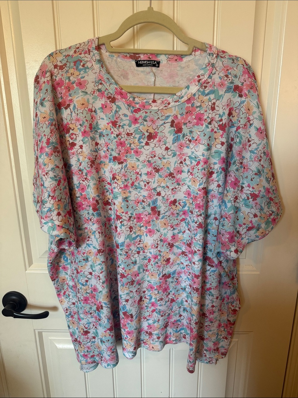HEIMISH USA Pink Floral Short Sleeve Top with Teal Accents